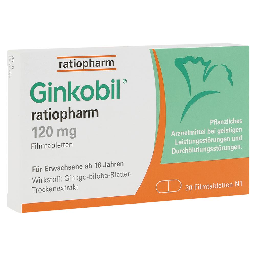 Packung Ginkobil Tabletten von ratiopharm zur Unterst&uuml;tzung der geistigen Leistungsf&auml;higkeit.
