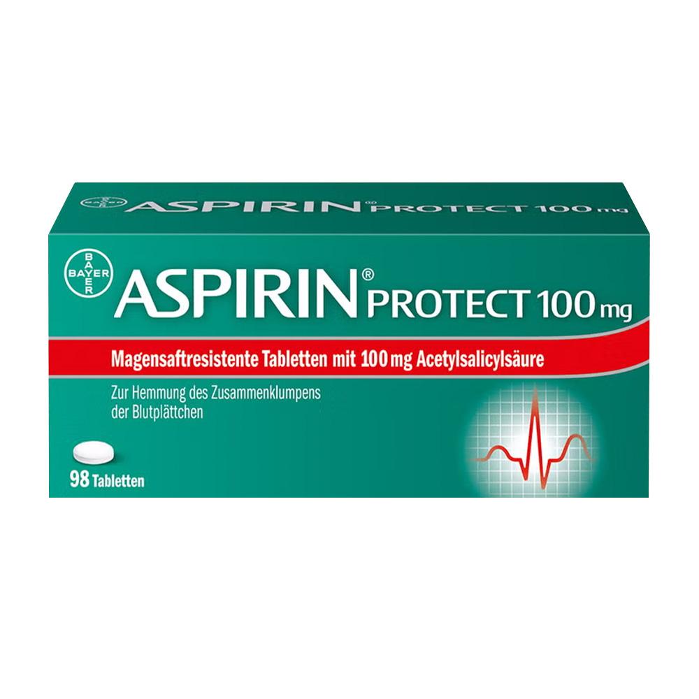 Gr&uuml;ne Verpackung von Aspirin Protect 100 mg mit 98 Tabletten.