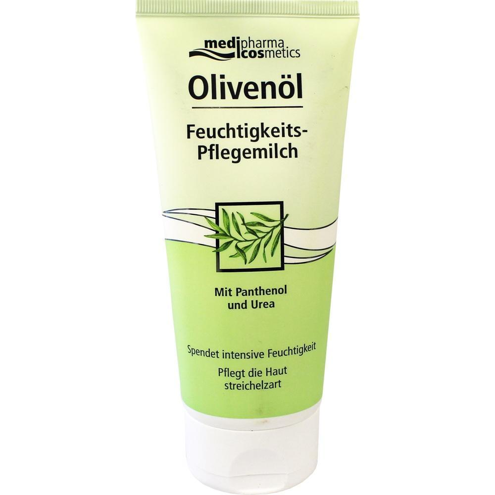 Eine gr&uuml;ne Flasche Oliven&ouml;l Feuchtigkeitsmilch von medipharma cosmetics.
