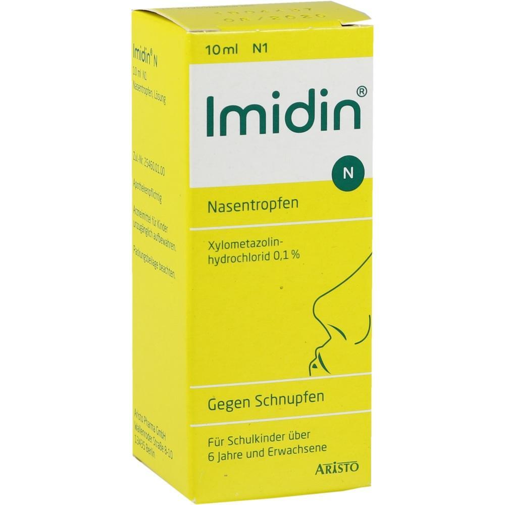 Gelbe Verpackung von Imidin Nasentropfen f&uuml;r Schulkinder und Erwachsene gegen Schnupfen.