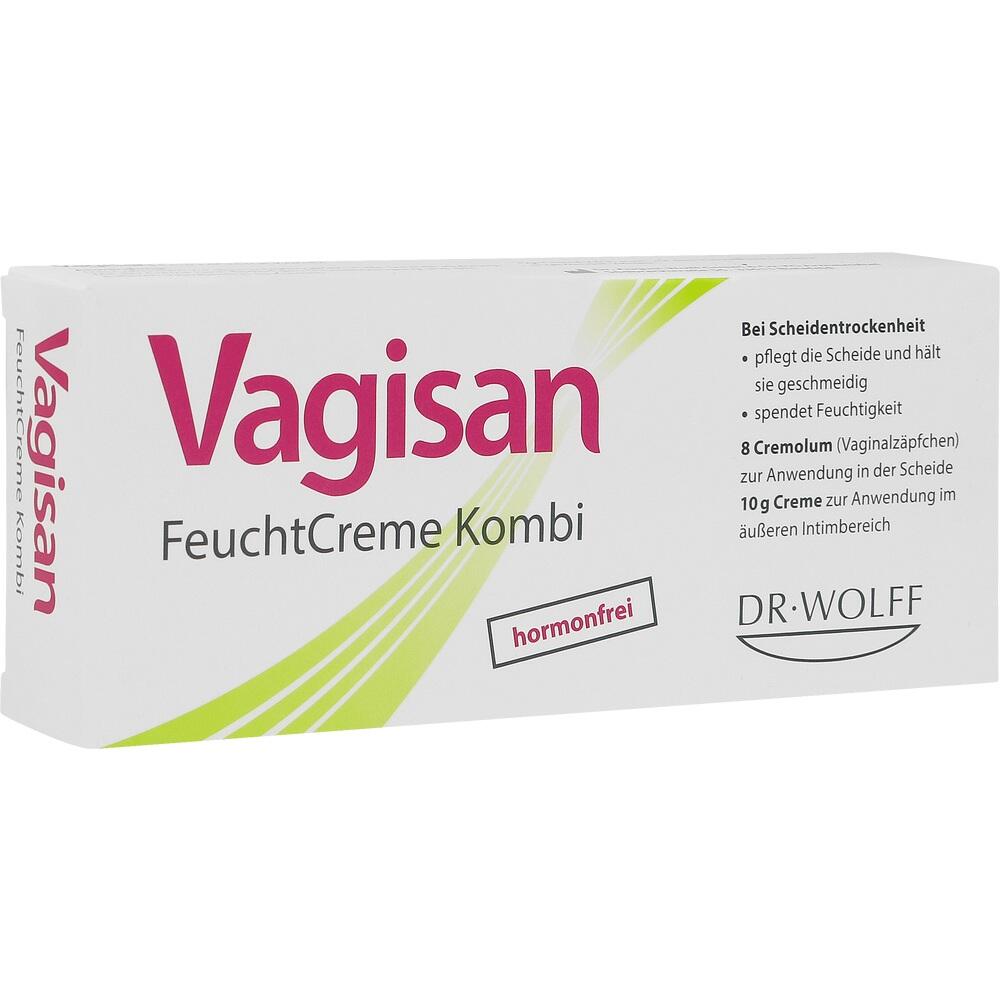 Wei&szlig;e Verpackung der Vagisan FeuchtCreme Kombi mit pinkem Schriftzug und gr&uuml;nen Linien.