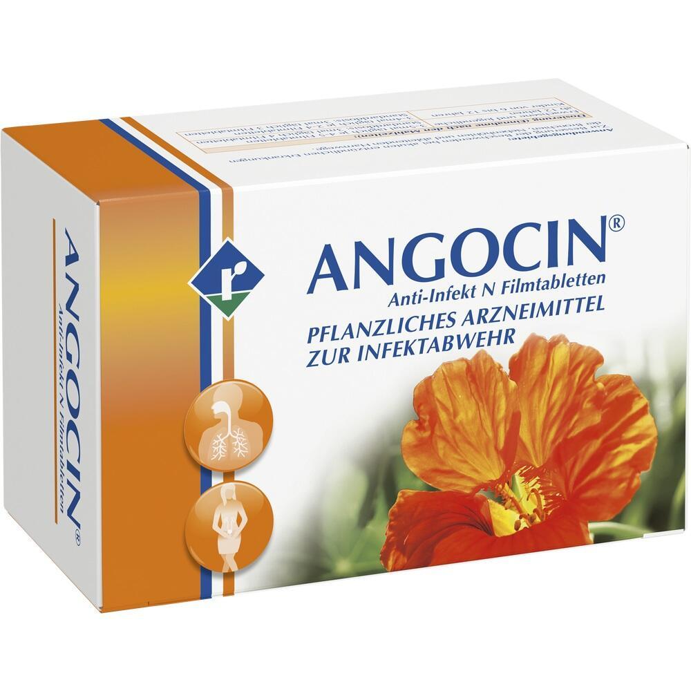 Wei&szlig;e Packung mit orangefarbenen Blumen und dem Text "ANGOCIN" und "Pflanzliches Arzneimittel".