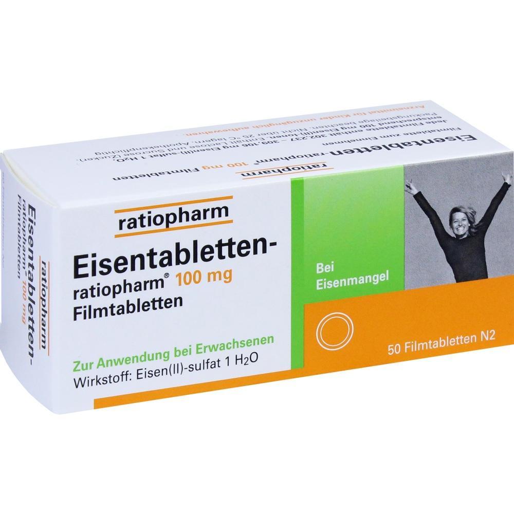 Packung mit ratiopharm Eisentabletten f&uuml;r Erwachsene gegen Eisenmangel.