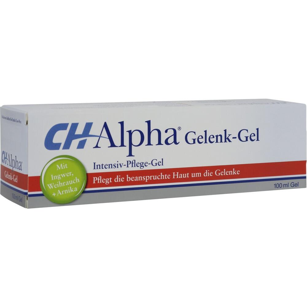 Eine wei&szlig;e Packung CH Alpha Gelenk-Gel mit Pflegehinweisen und Inhaltsstoffen.
