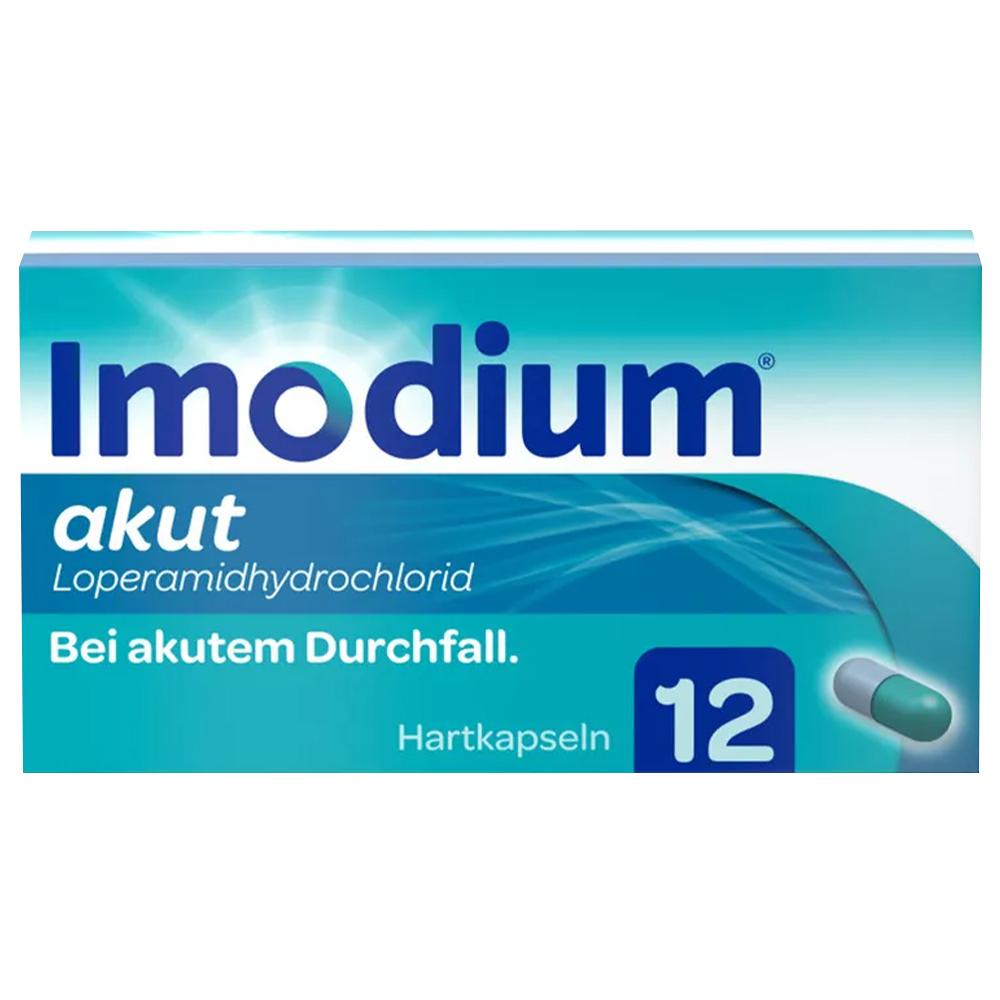 Medikamentenpackung von Imodium gegen akuten Durchfall, mit 12 Hartkapseln.