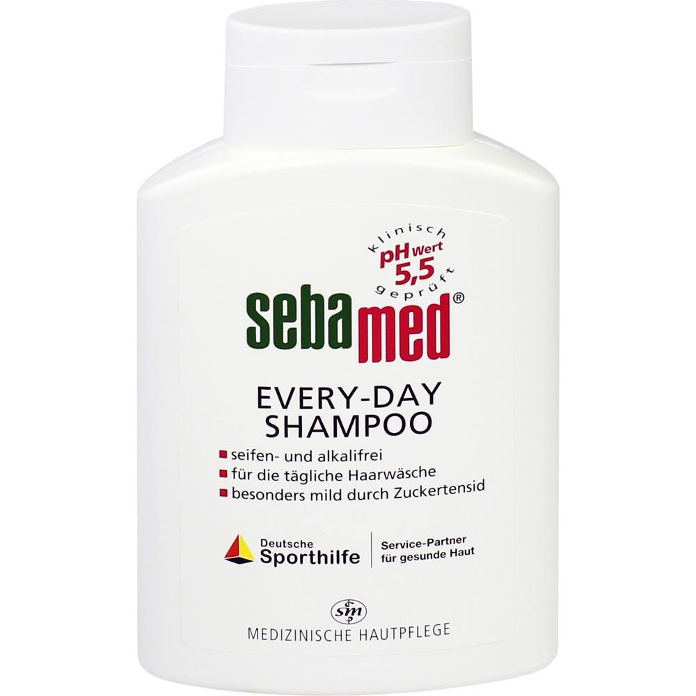 Eine wei&szlig;e Flasche Sebamed Every-Day Shampoo mit rotem und gr&uuml;nem Aufdruck.
