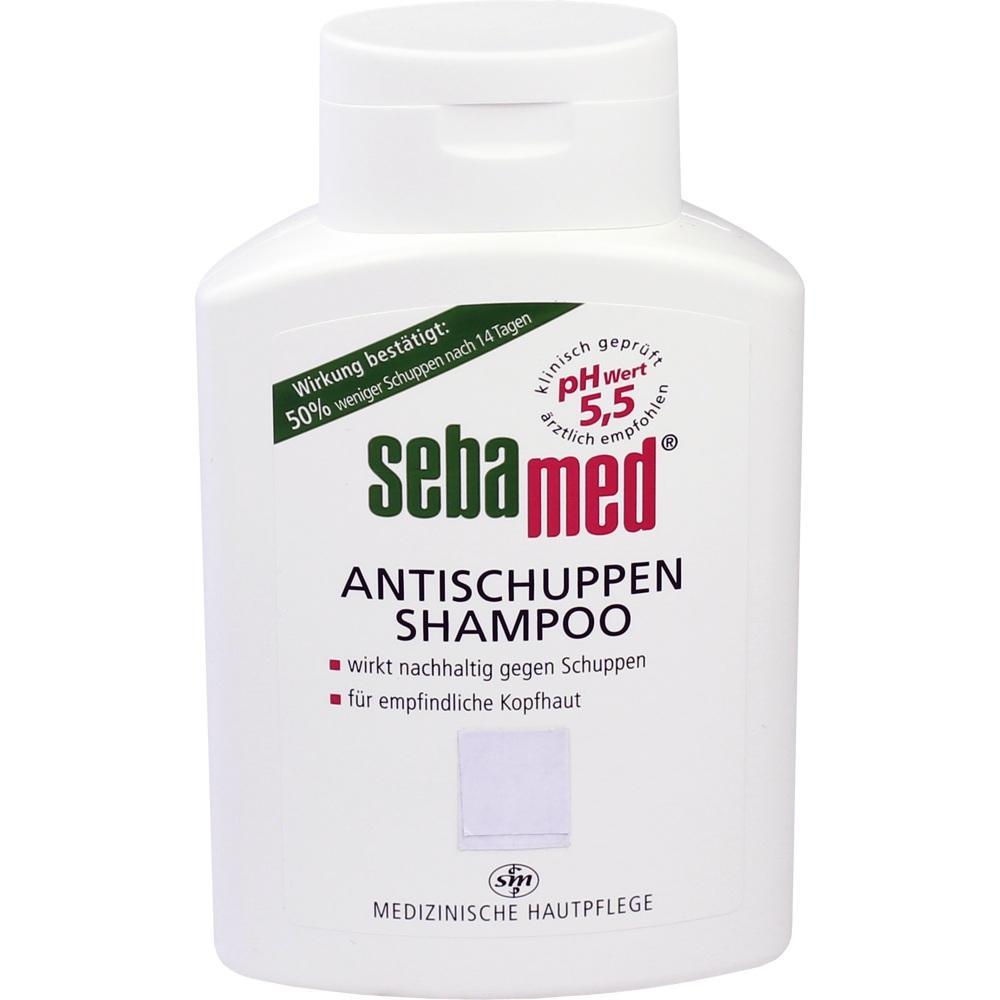 Wei&szlig;e Flasche mit der Aufschrift "sebamed Antischuppen Shampoo".