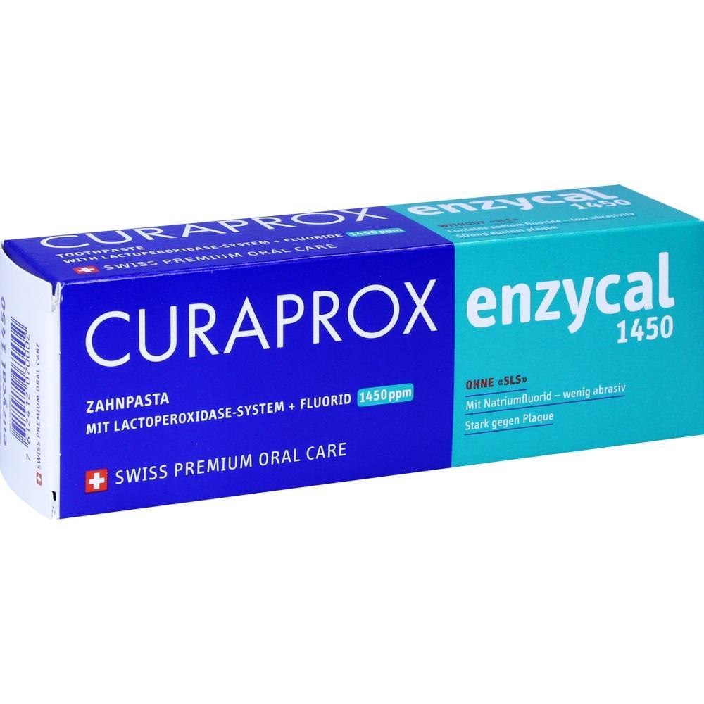 Eine Zahnpastapackung der Marke Curaprox mit der Aufschrift "Enzycal 1450".