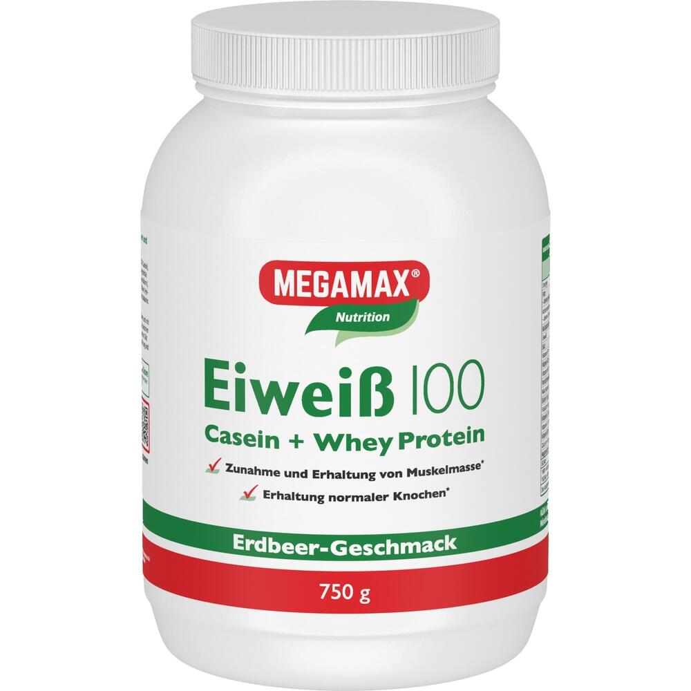 Wei&szlig;e Dose mit megamax Eiwei&szlig;pulver, Erdbeer-Geschmack, 750 g.