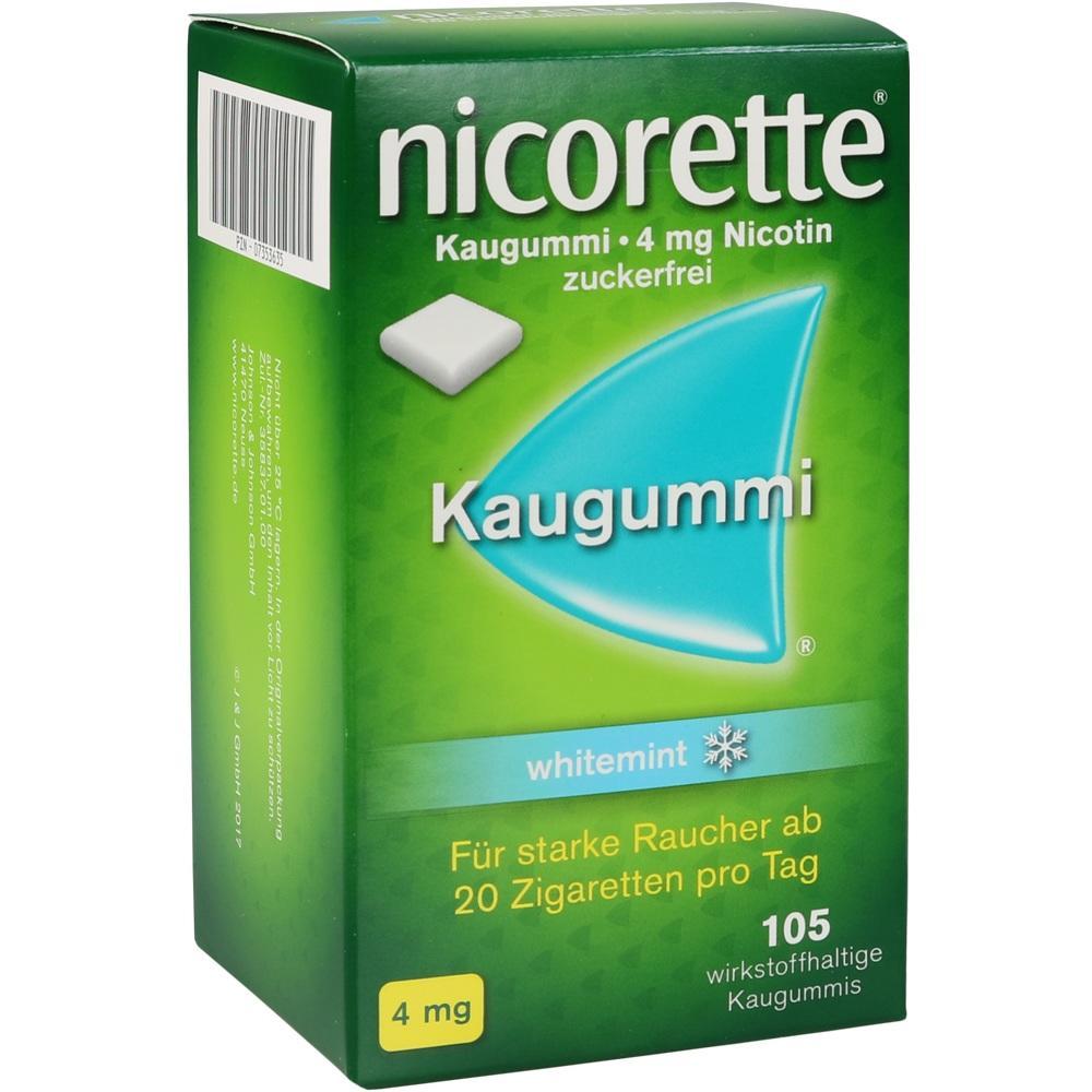 Gr&uuml;ne Packung Nicorette-Kaugummis mit 4 mg Nikotin, Geschmack Whitemint.