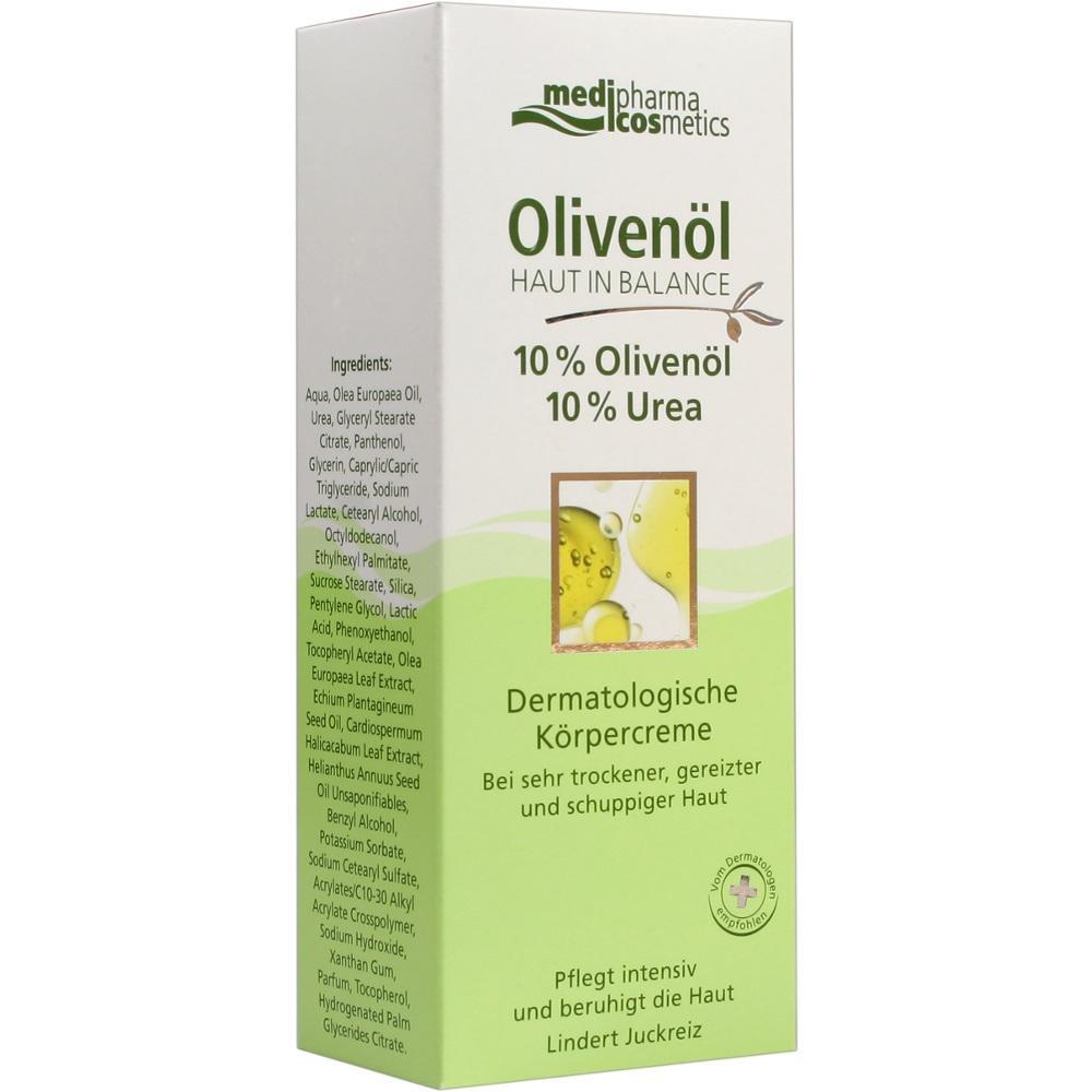 Packung von Oliven&ouml;l-K&ouml;rpercreme f&uuml;r trockene und gereizte Haut.