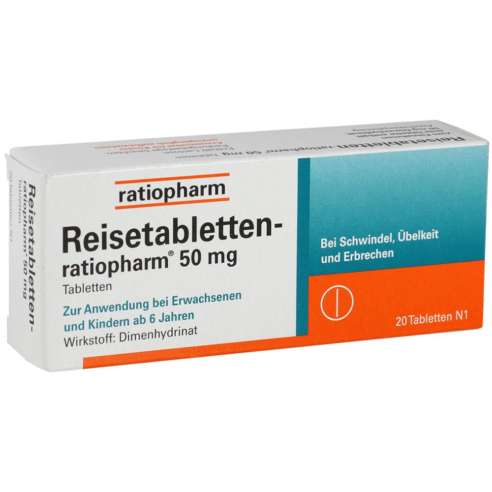 Schachtel mit Reisetabletten gegen &Uuml;belkeit und Schwindel f&uuml;r Erwachsene und Kinder ab 6 Jahren.