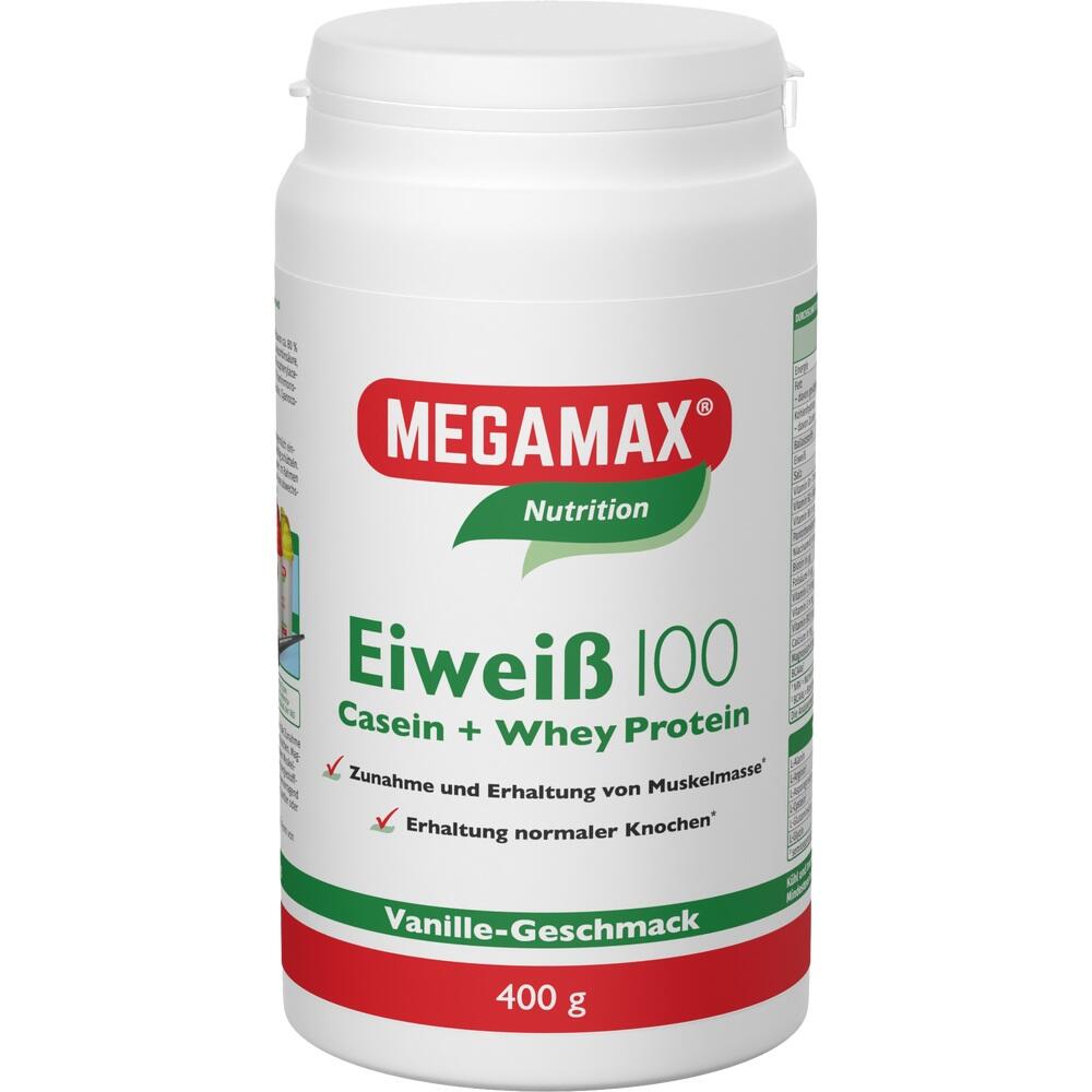 Wei&szlig;e Dose Megamax Eiwei&szlig;pulver mit Vanille-Geschmack, 400 g.
