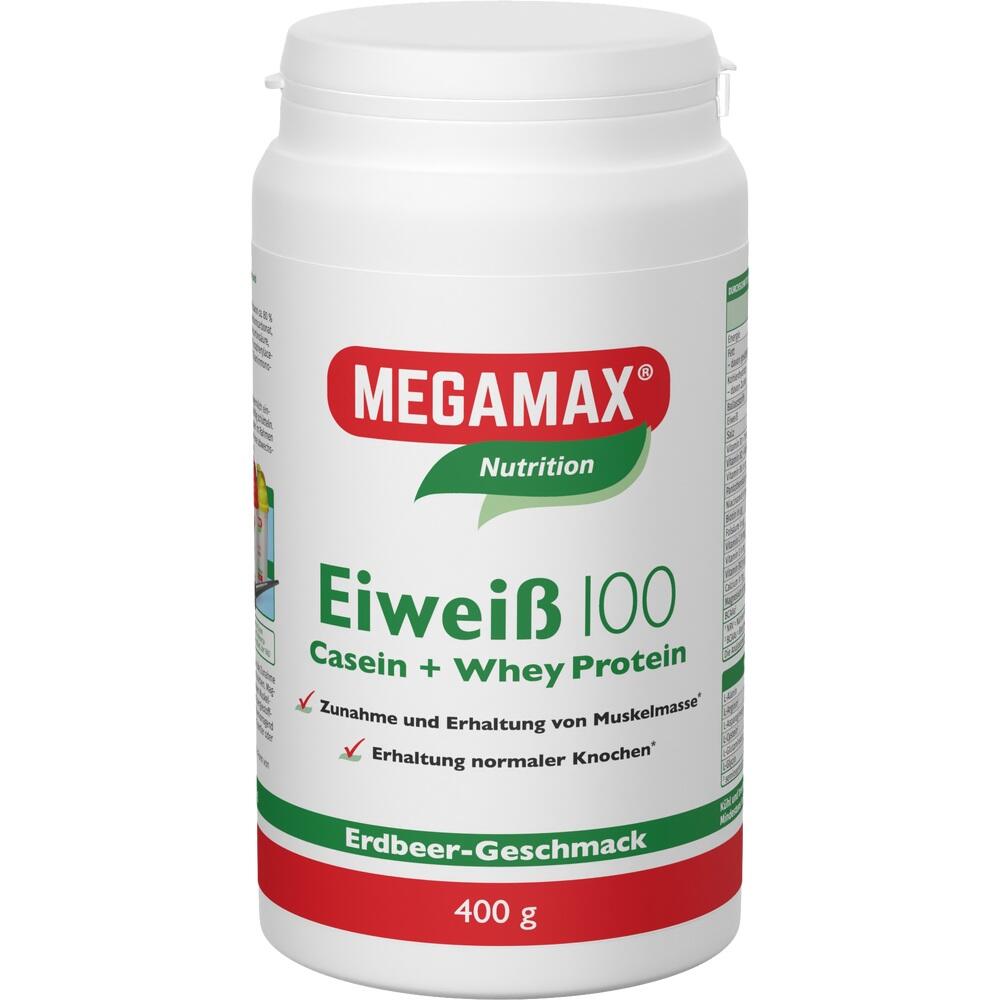 Wei&szlig;e Dose mit MegaMax Eiwei&szlig;pulver, Erdbeergeschmack, 400 Gramm.