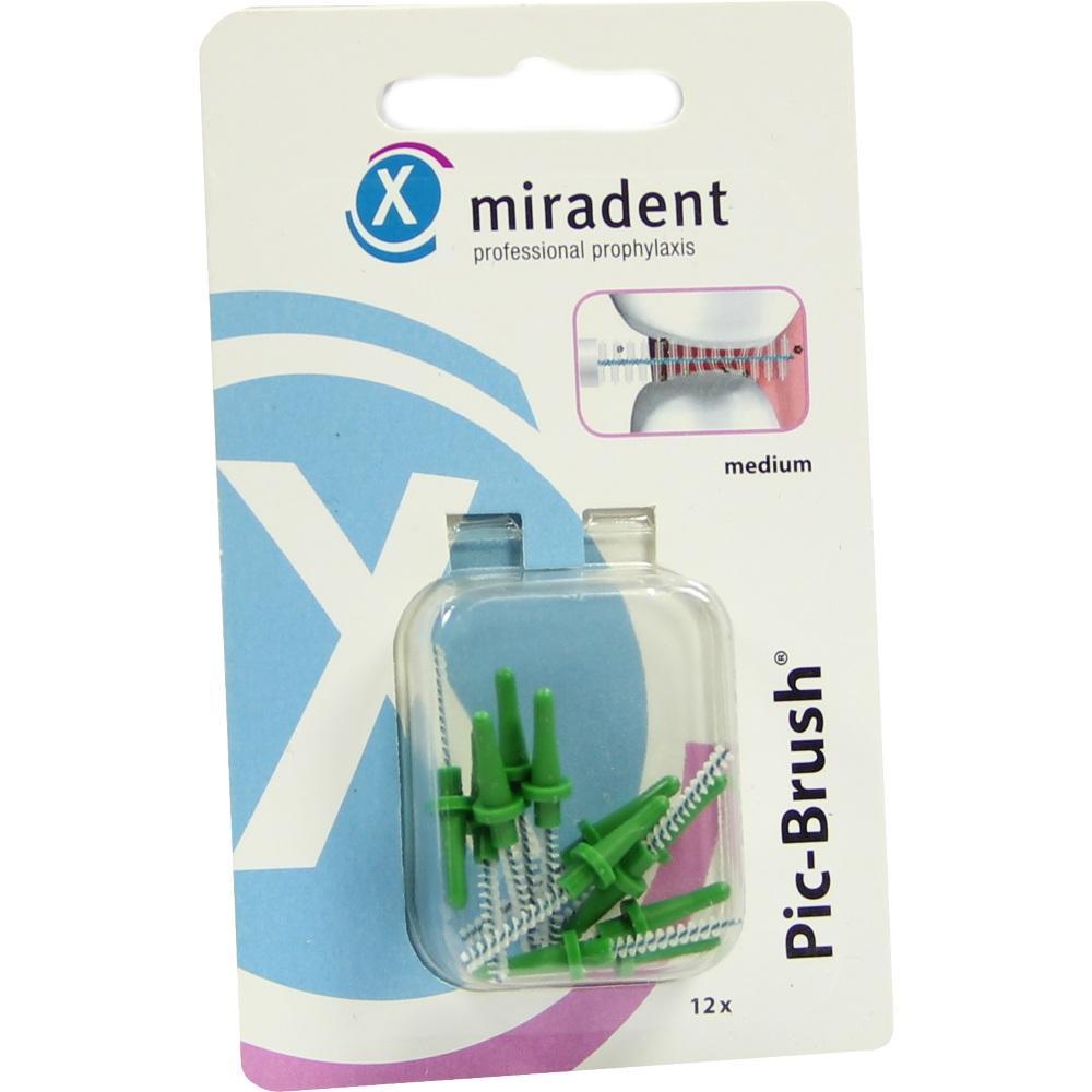 Verpackung mit gr&uuml;nen Interdentalb&uuml;rsten der Marke Miradent.