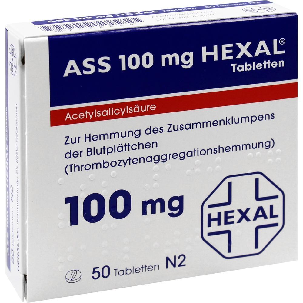Eine Medikamentenschachtel von ASS 100 mg Hexal mit 50 Tabletten.