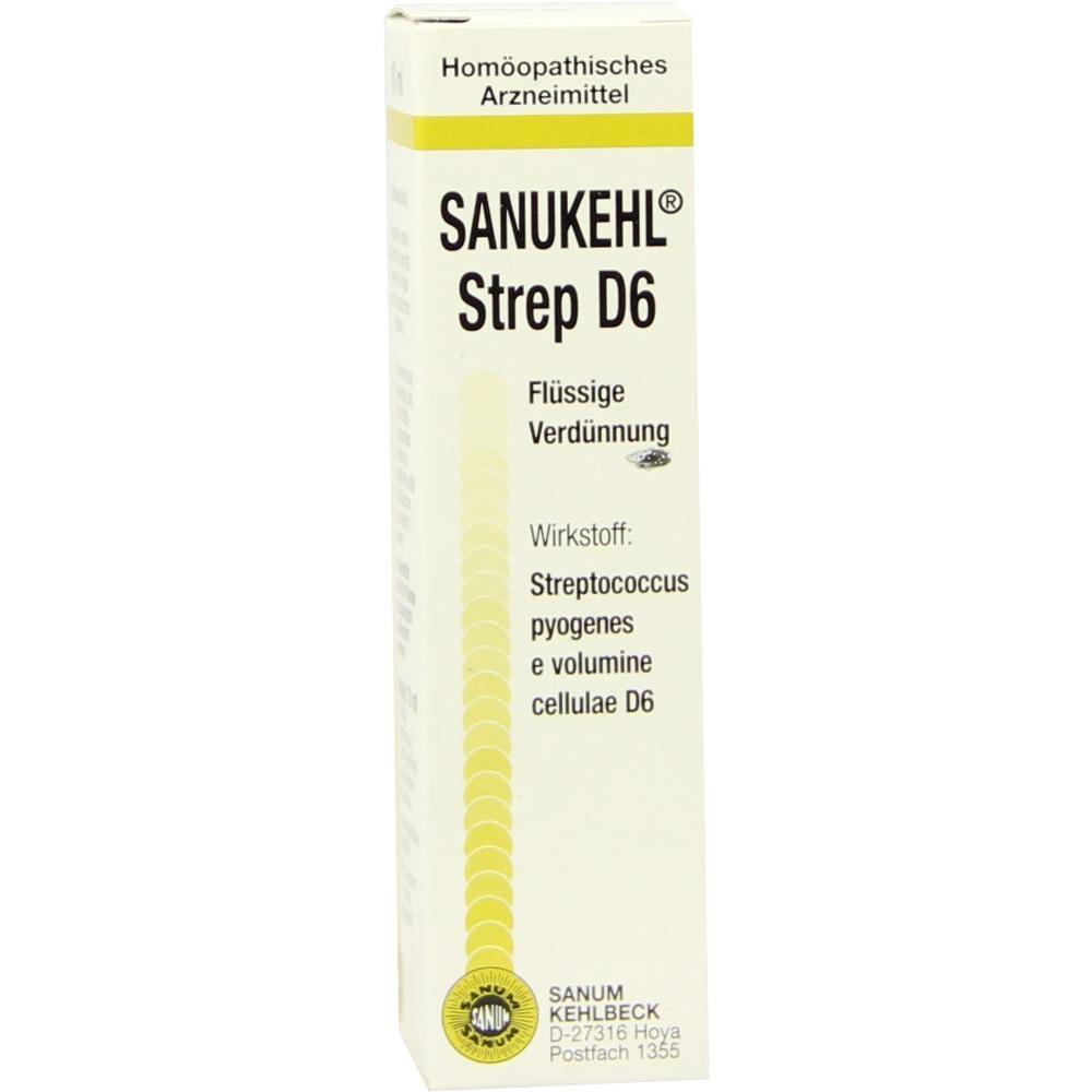 Gelbe Medikamentenpackung mit der Aufschrift "SANUKEHL Strep D6".