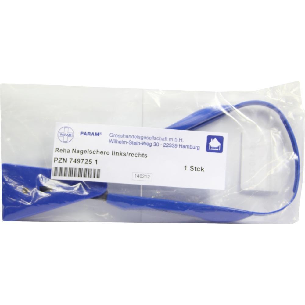 Blaue Nagelschere in Verpackung mit wei&szlig;em Etikett und Text.