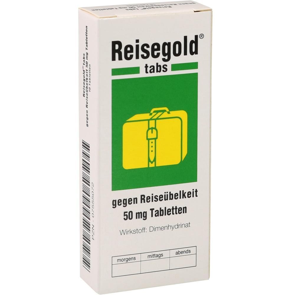 Eine Packung Tabletten gegen Reise&uuml;belkeit mit einem gelben Kofferbild.