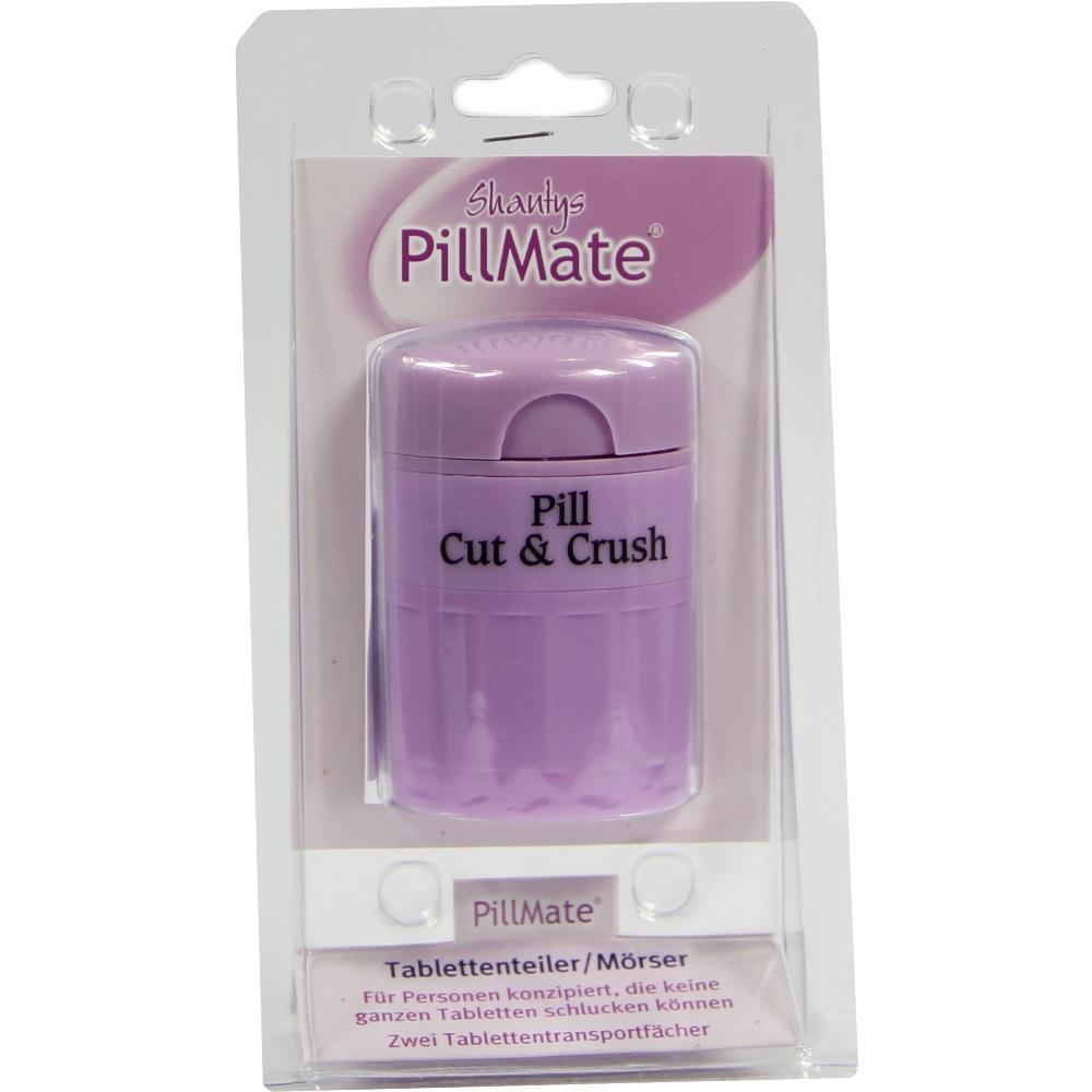 Lila Tablettenteiler und Mörser in Plastikverpackung.