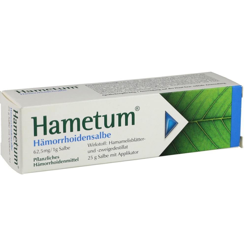 Eine Schachtel mit H&auml;morrhoidensalbe namens Hametum.