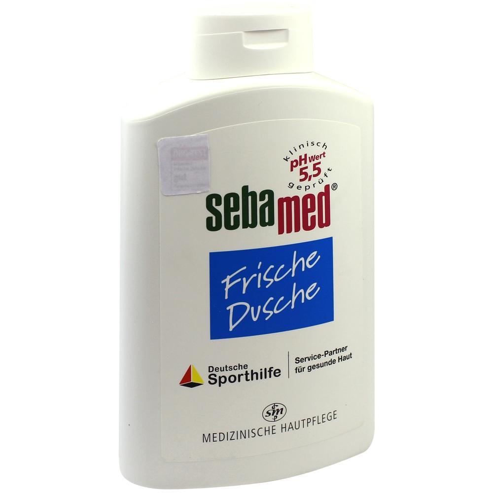 Wei&szlig;e Flasche mit der Aufschrift "sebamed Frische Dusche".