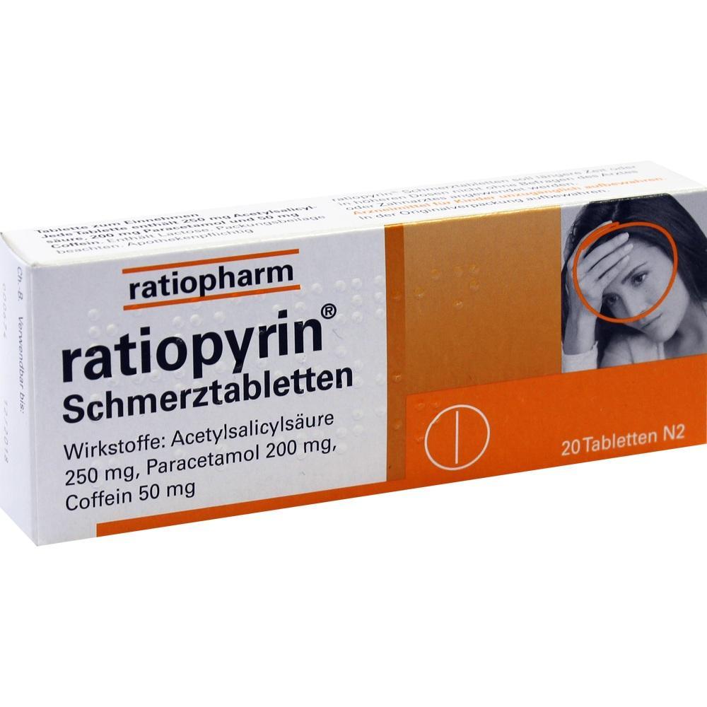 Verpackung von Ratiopyrin Schmerztabletten mit Informationen zu Wirkstoffen.