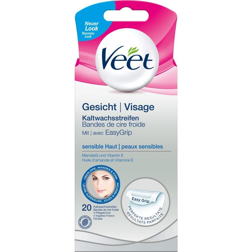 Die Verpackung zeigt Veet Kaltwachsstreifen f&uuml;r das Gesicht mit 20 Streifen.