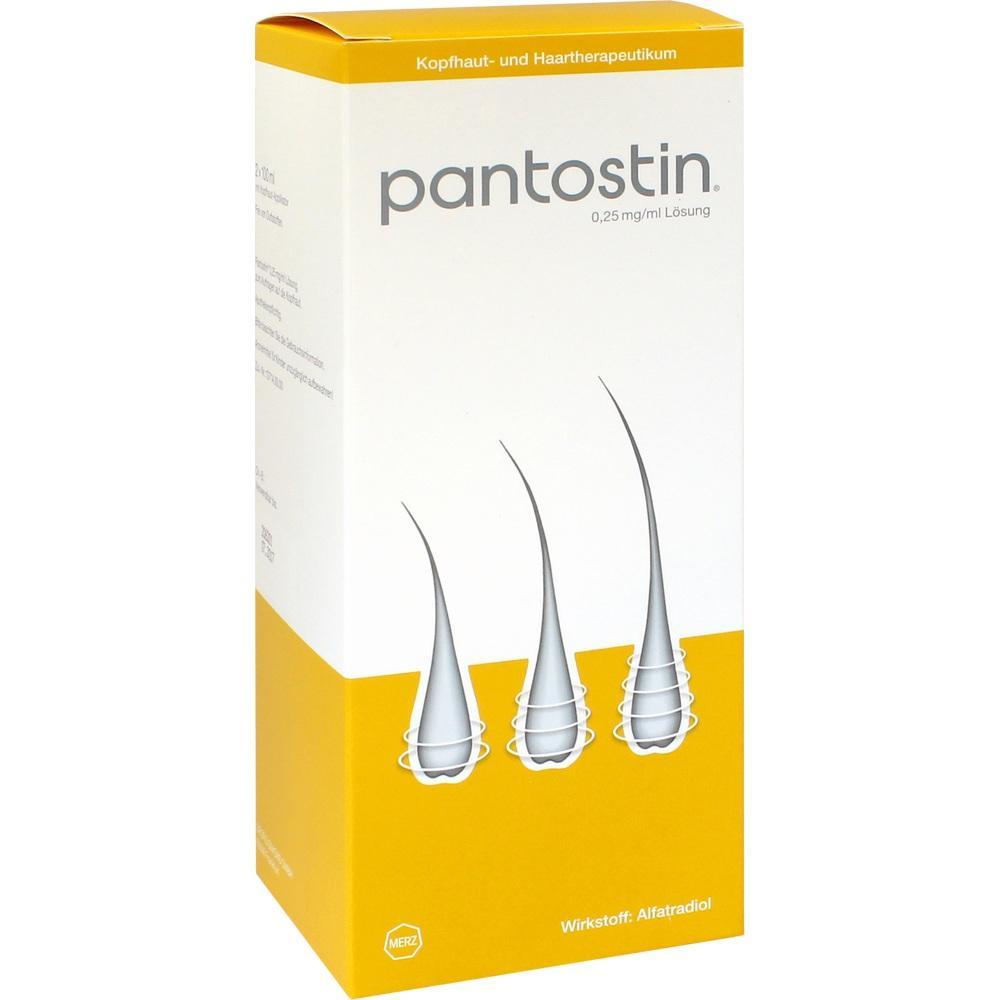 Eine gelbe und wei&szlig;e Packung mit der Aufschrift "Pantostin" f&uuml;r Kopfhaut und Haare.