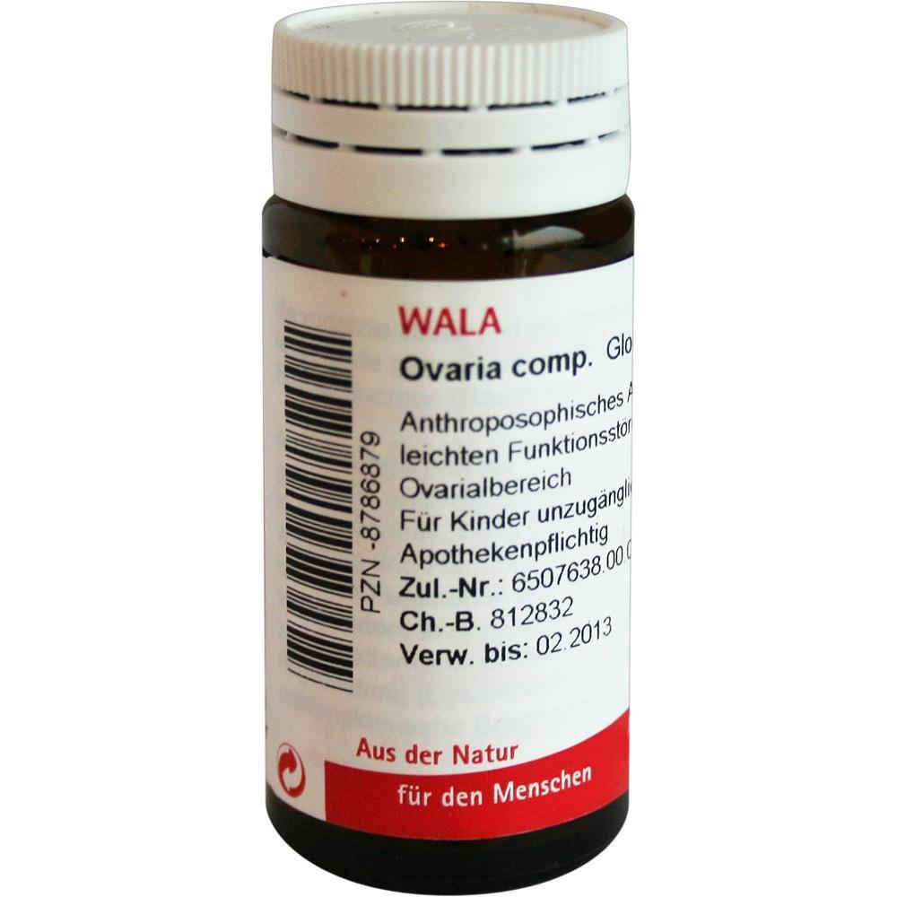 Braunes Fl&auml;schchen mit wei&szlig;em Etikett und rotem Text "Ovaria comp. Globuli".