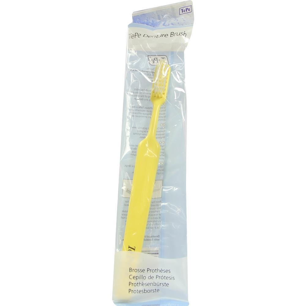 Gelbe Zahnb&uuml;rste in Plastikverpackung f&uuml;r Prothesen.