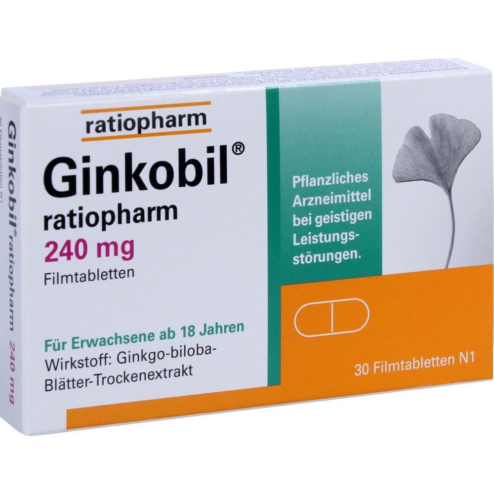 Verpackung von Ginkobil Filmtabletten, ein pflanzliches Arzneimittel f&uuml;r Erwachsene ab 18 Jahren.