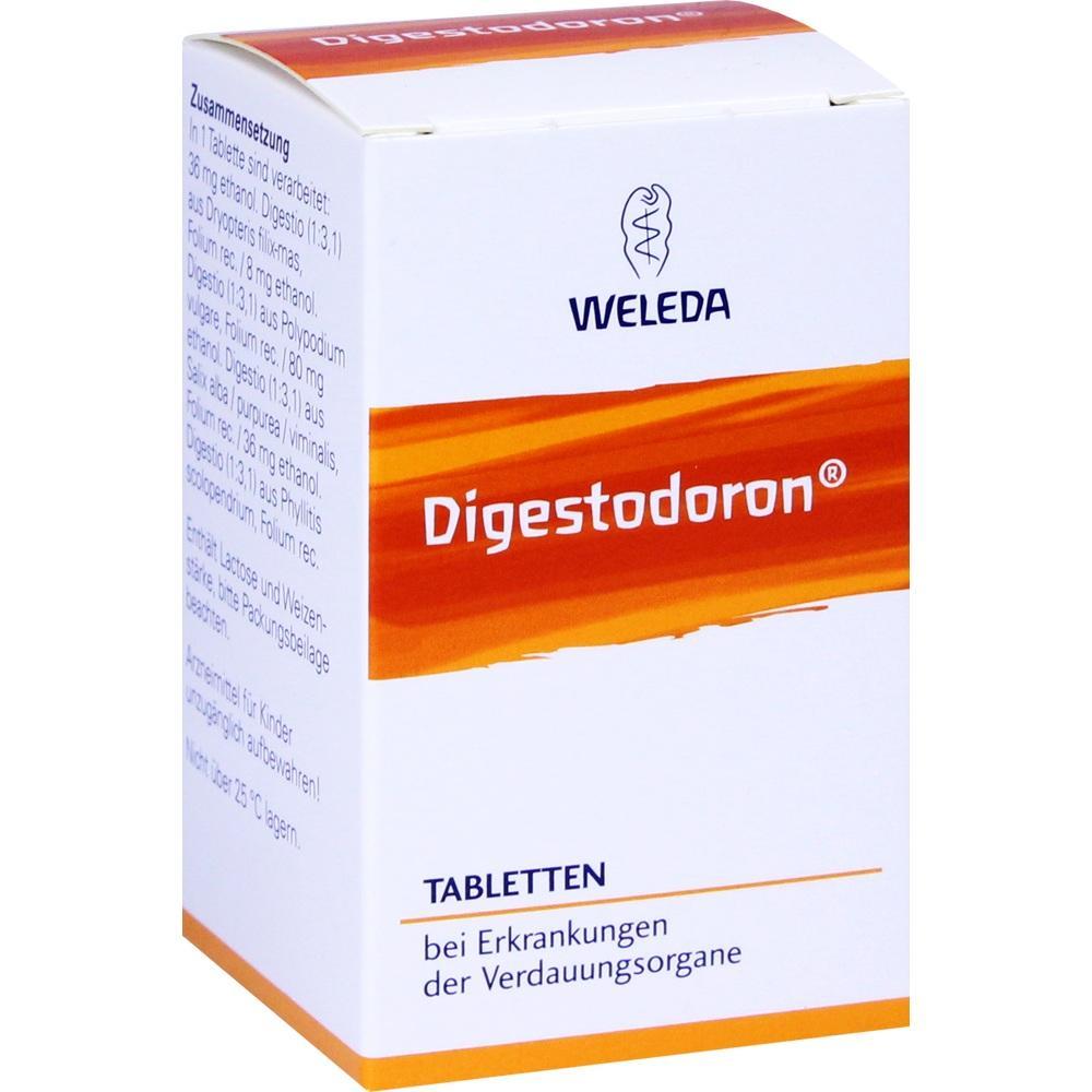 Wei&szlig;e Medikamentenschachtel mit orangem Streifen und dem Namen Digestodoron.