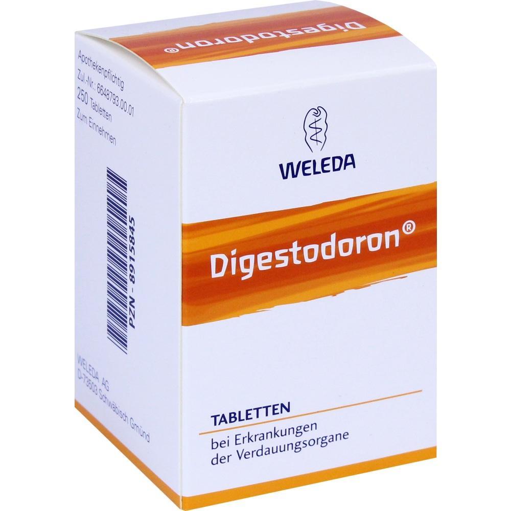 Eine Packung Tabletten f&uuml;r Verdauungsprobleme namens Digestodoron von Weleda.