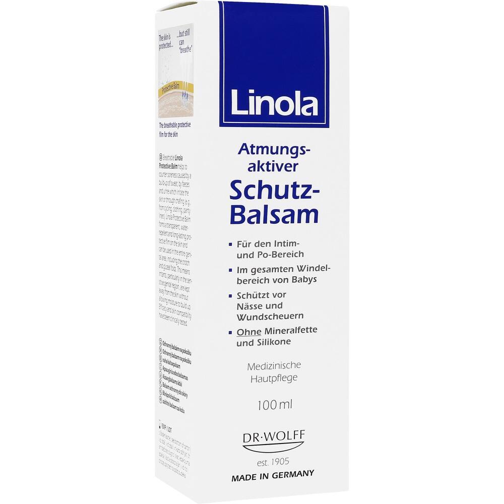 Wei&szlig;e Verpackung mit blauem Schriftzug "Linola Schutz-Balsam" in 100 ml Gr&ouml;&szlig;e.