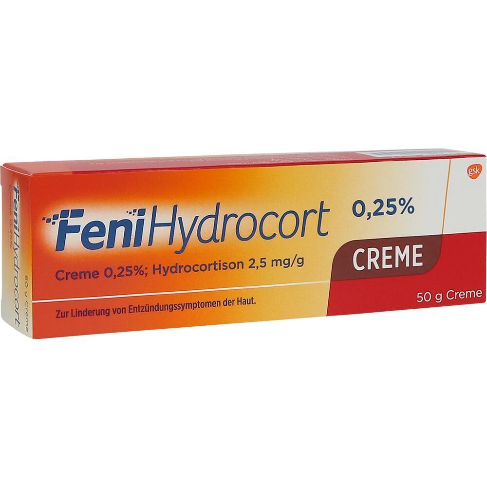 Eine orangefarbene Medikamentenverpackung f&uuml;r Hydrocortison-Creme gegen Hautentz&uuml;ndungen.