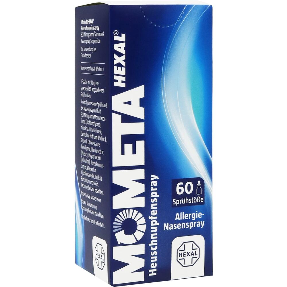 Blaue Verpackung von Mometa Hexal Allergie-Nasenspray mit 60 Spr&uuml;hst&ouml;&szlig;en.