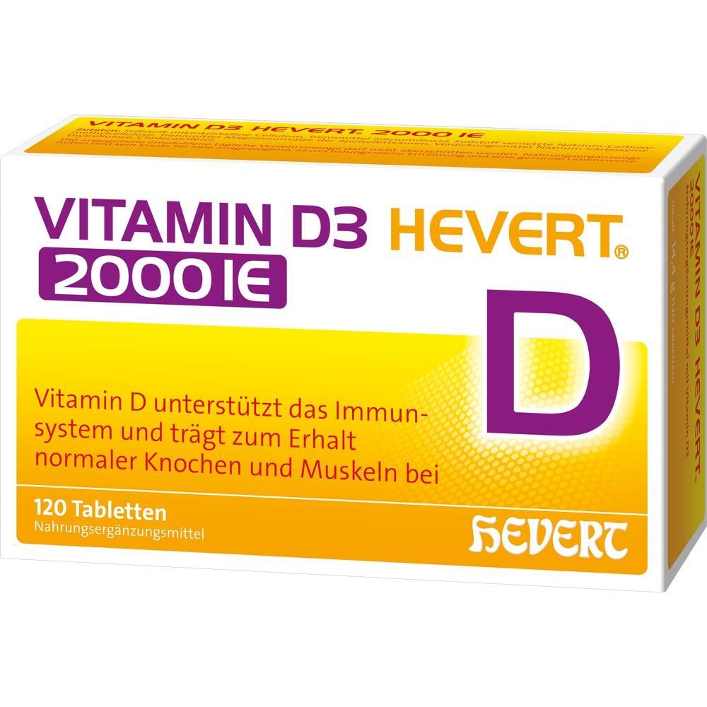 Eine Packung Vitamin D3 Tabletten von Hevert mit 2000 IE St&auml;rke.
