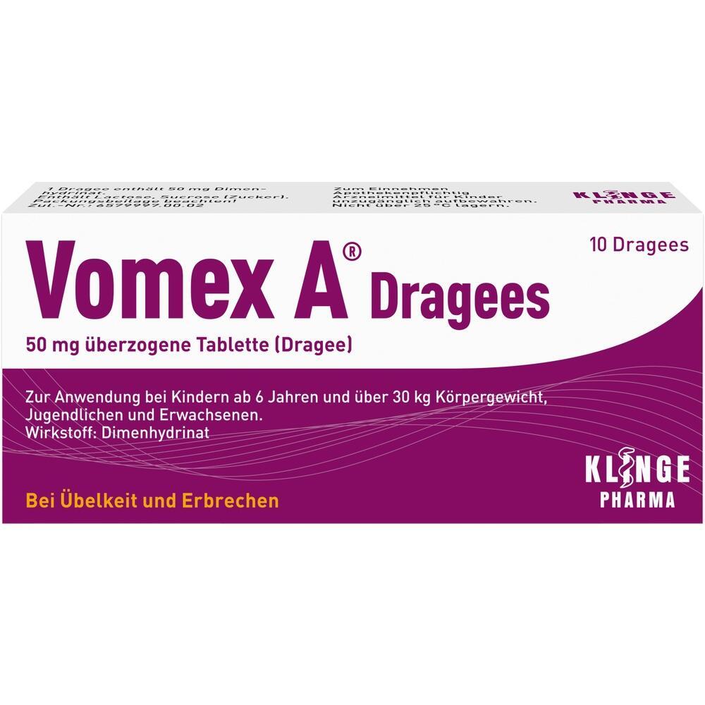 Die Verpackung zeigt Vomex A Dragees gegen Übelkeit und Erbrechen.