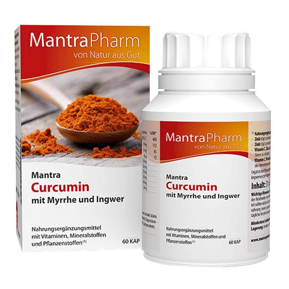 Eine Packung und Flasche mit Mantra Curcumin Nahrungserg&auml;nzungsmittel.