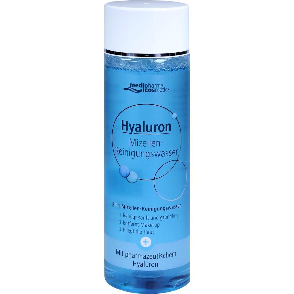 Blaue Flasche mit Mizellen-Reinigungswasser und der Aufschrift "Hyaluron".