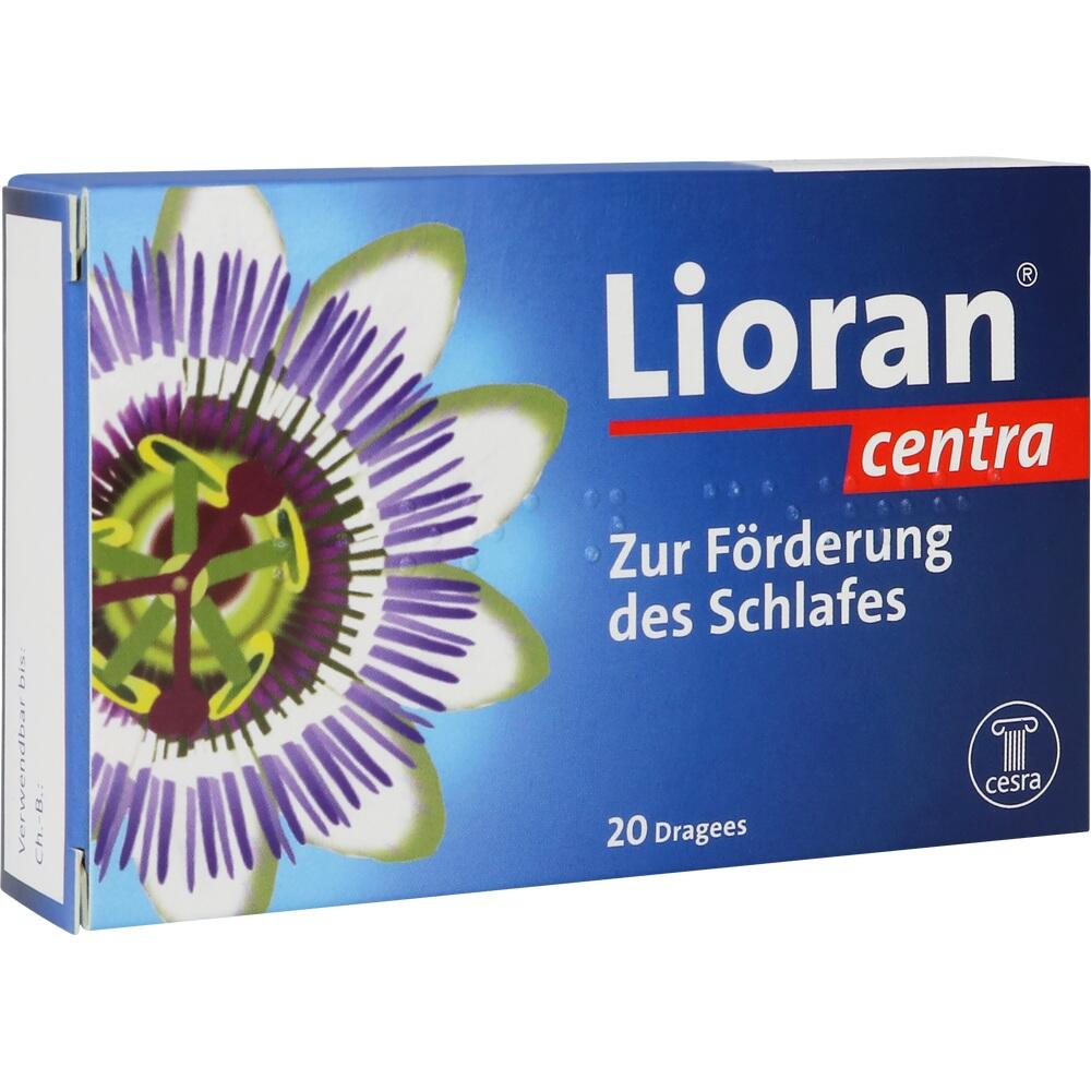 Blaue Arzneimittelverpackung von Lioran f&uuml;r besseren Schlaf, mit Blume abgebildet.