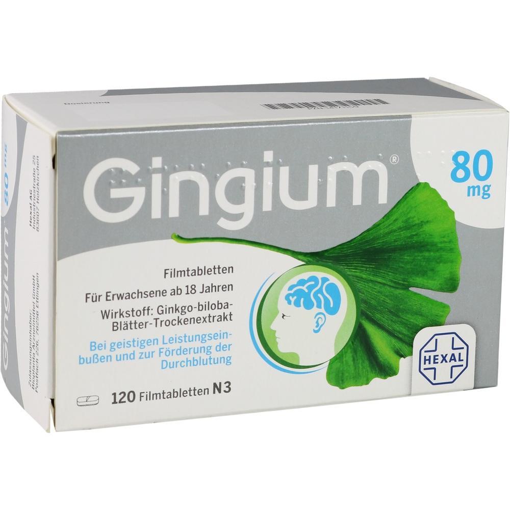 Eine Packung Gingium-Tabletten mit 120 St&uuml;ck zur F&ouml;rderung der Durchblutung und Konzentration.