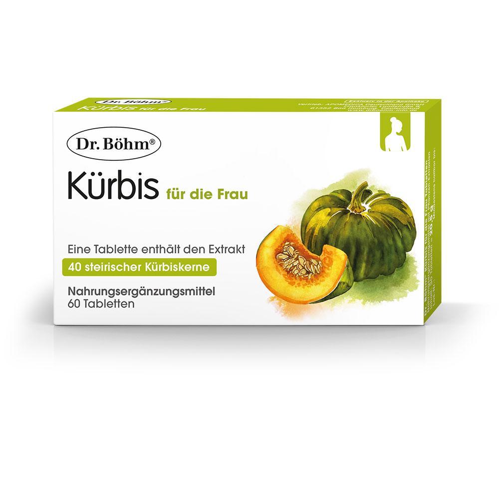 Verpackung von K&uuml;rbiskern-Tabletten f&uuml;r Frauen mit Bild eines K&uuml;rbisses.
