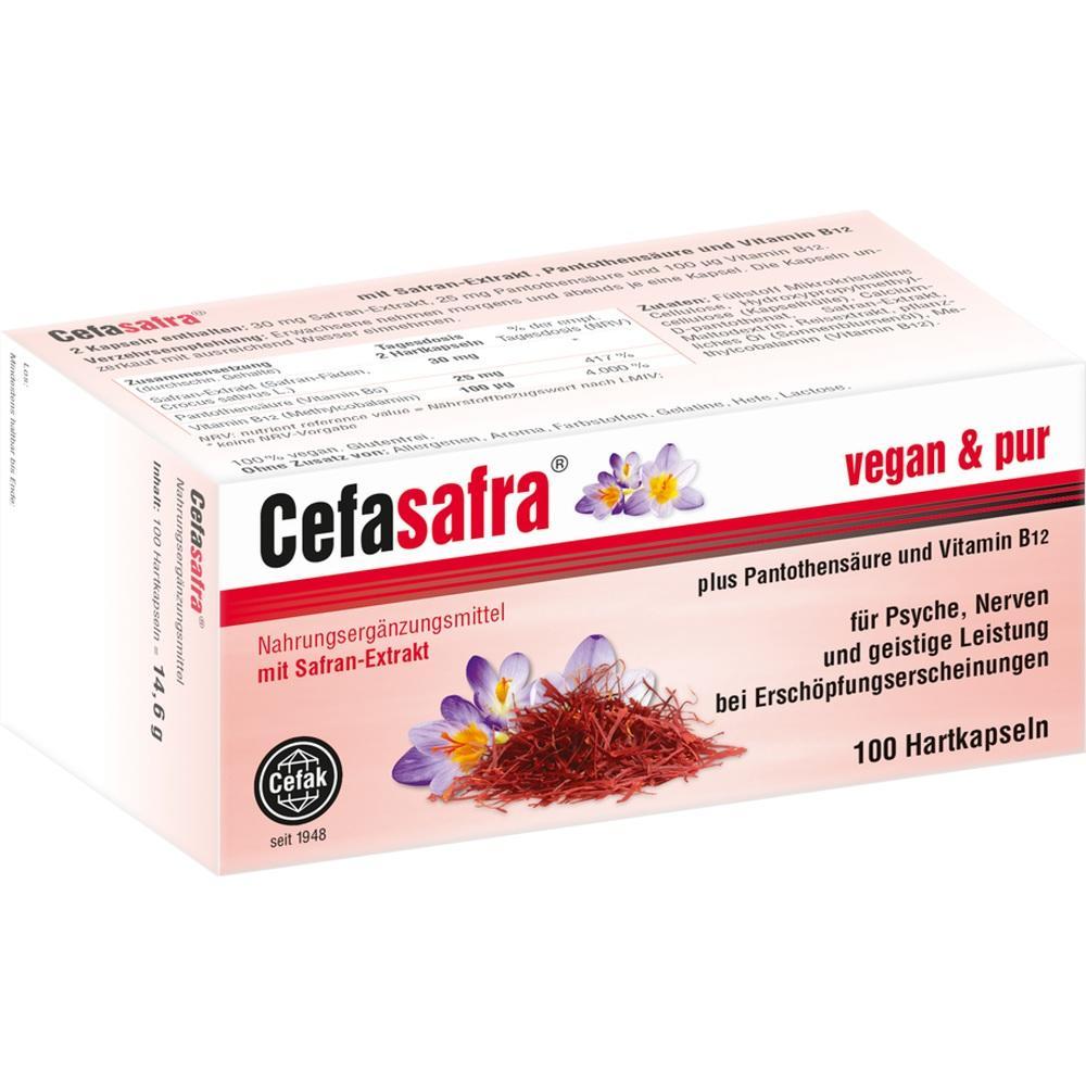 Eine Verpackung von Nahrungsergänzungsmitteln mit Safran-Extrakt und 100 Hartkapseln.