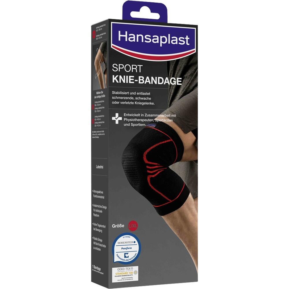 Verpackung einer schwarzen Kniebandage f&uuml;r Sport mit rotem Muster.