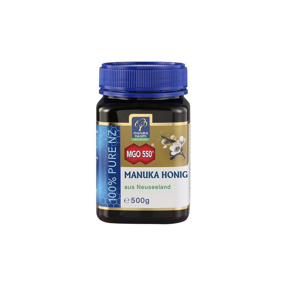 Ein Glas Manuka-Honig aus Neuseeland mit blauem Deckel und MGO 550+ Kennzeichnung.