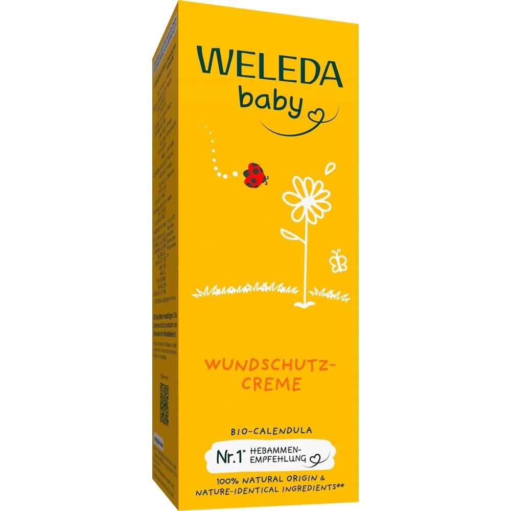 Gelbe Verpackung einer Baby-Wundschutzcreme der Marke Weleda mit Calendula-Blume.