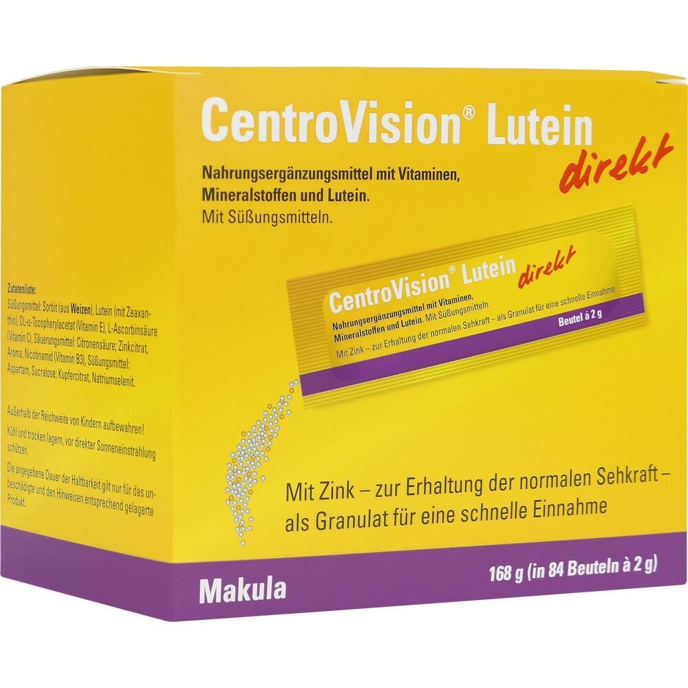 Gelbe Verpackung eines Nahrungserg&auml;nzungsmittels namens "CentroVision Lutein direkt".