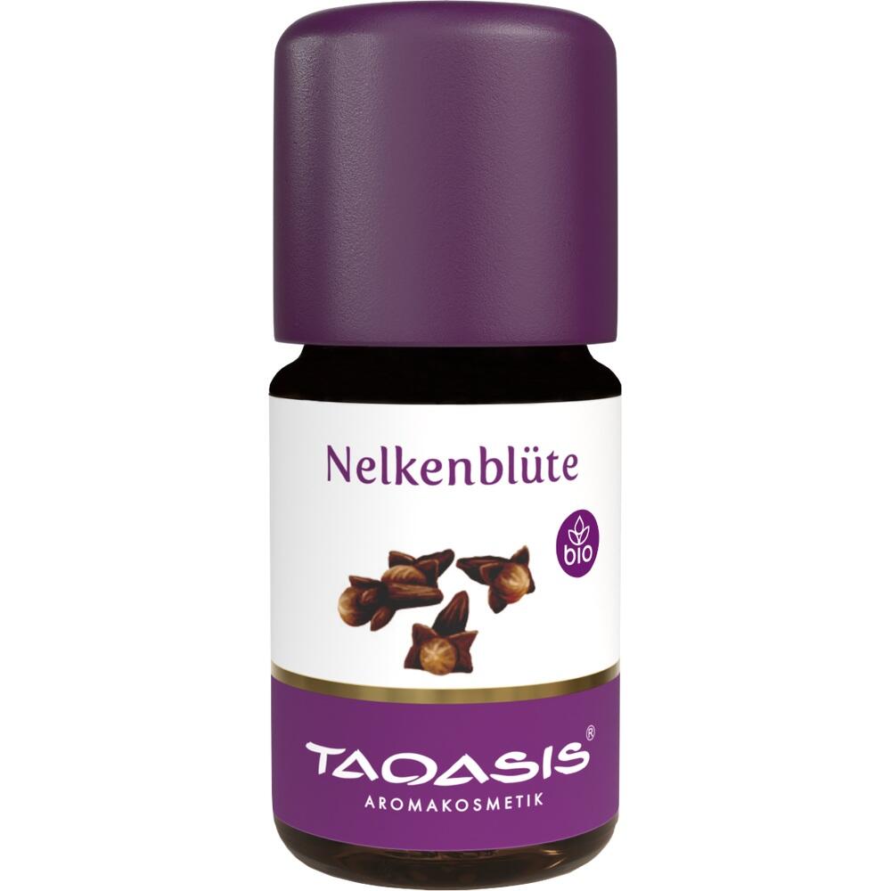 Flasche mit Nelkenblüten-Aromaöl und violettem Deckel.